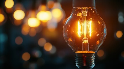 Poster - A beautiful vintage light bulb producing a warm orange glow, surrounded by soft bokeh lights. Ideal for conveying warmth, creativity, and elegance in design.