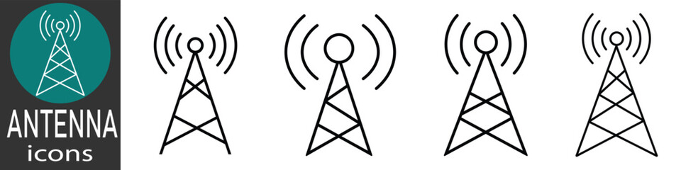 Poster - Antenna icon set. Wireless communication icons. Tower signal icon, Communication tower icons, Radio tower icons, Isolated on white background.  vector illustration.