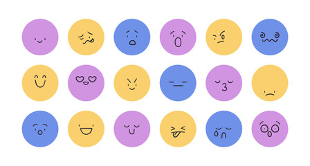 Poster - Face emotions, facial expressions set. Circle characters, emojis, emoticons. Happy smiling, sad, angry, surprised, kissing with love and laughing. Flat vector illustration isolated on white background