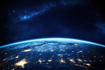 Poster - View of Earth from space at night highlighting city lights and stars in the sky, PHOTO earth from space view background on night sky