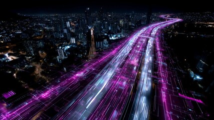 Poster - Elevated highway with illuminated noise barrier captured from drone perspective at night