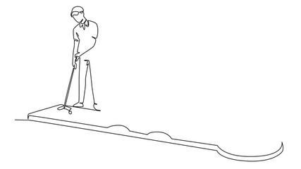 Poster - Animated self drawing of single continuous line drawing a boy wants to hit the ball on a mini golf course. Spending time exercising on the weekend. Sport. National Mini Golf Day. Full length animation