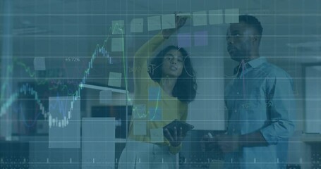 Poster - Woman adjusting notes on board while market overlay appearing and peer nodding in business meeting