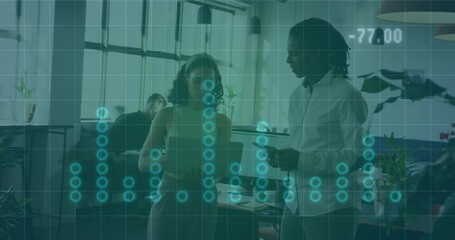 Poster - Woman holding smartphone and man tapping tablet in office conducting business data overlay analysis