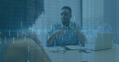 Poster - Male colleague responding to prompt and emphasizing finance with scrolling chart overlay in meeting