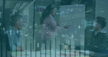 Poster - Businesswoman uncapping pen and drawing line in meeting with animated chart illustrating data point