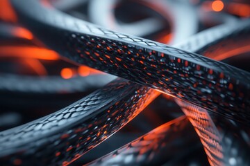 Poster - Data streams intertwined with glowing accents for enhanced transfer and storage efficiency, Crossed data streams Transfer and storage of information Seamless 3D render
