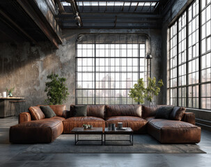 Poster - Luxurious leather sofa in spacious industrial room with large windows, showcasing modern aesthetic and urban view