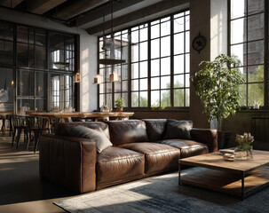 Poster - Cozy living room featuring large brown leather sofa, wooden coffee table, and ample natural light from large windows