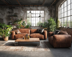 Poster - Cozy living room featuring brown leather sofa and armchair, surrounded by greenery and natural light. rustic decor adds warmth