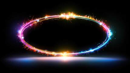 Poster - Colorful circular halo with sparkling light effect, glowing ring on black background, vibrant and energetic abstract design