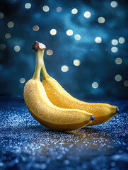 Poster - Two fresh bananas with sugar crystals on skin, blue bokeh background, vibrant and clean, perfect look, festive and sweet mood