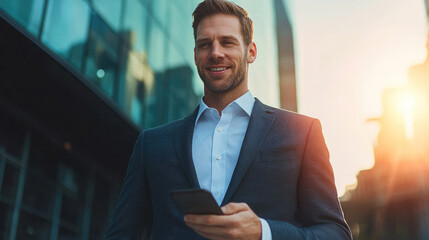 Poster - Confident businessman in suit holding smartphone outside modern glass building at sunset, smiling with positive expression