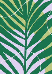 Poster - Tropical leaf poster. Palm branch, big green foliage leaves. Leafy card. Exotic botanical design, fresh jungle vegetation, flora, nature in modern eco style. Flat vertical vector illustration