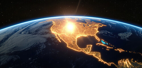 Aufkleber - North America at night with glowing city lights, illuminated urban areas, and bright sunrise over continent, viewed from space