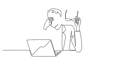 Poster - Self drawing animation of continuous one line drawing businessman sits while taking off glasses and rubbing his eyes. Programmer who feels tired. Chronic Fatigue Syndrome Day. Full length animated