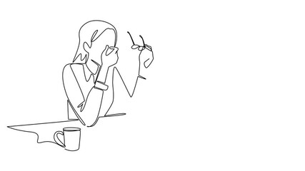 Poster - Animation of single one line drawing businesswoman sits while taking off glasses and rubbing eyes. Working overtime takes a lot of energy. Chronic Fatigue Syndrome Day. Full length motion