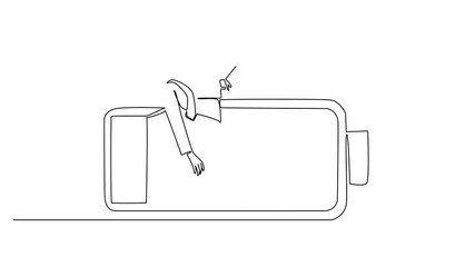 Poster - Animated self drawing of continuous one line drawing a young businessman falls asleep on a low battery. Additional energy for further activities. Chronic Fatigue Syndrome Day. Full length animation