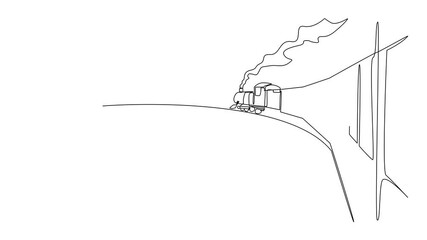 Poster - Self drawing animation of single one line drawing the train is seen from behind and is visible to the front. The trip captain supervises the carriage. Smoke. National Train Day. Full length animated