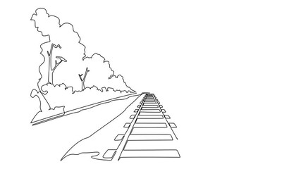 Poster - Animation of single continuous line drawing train tracks with added trees along the tracks. Point of view of the machinist. Enjoying the green leaves. View. National Train Day. Full length motion