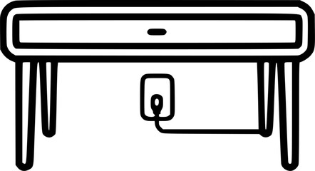 Fototapete - A desk with a drawer standing on four hairpin legs and a wall plug is seen