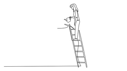 Poster - Self drawing animation of continuous one line drawing a woman stands on the stairs and waters the head that grows 3 plants. Watering to awaken. International Day of Plant Health. Full length animated