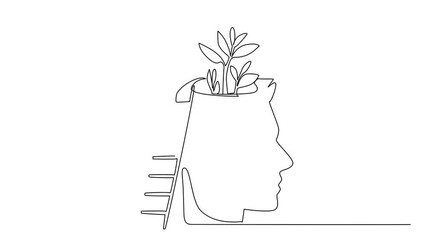 Poster - Animation of single continuous line drawing a man stands on the stairs and waters the head that grows 3 plants. Cultivating a caring attitude. International Day of Plant Health. Full length motion