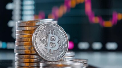 Poster - Bitcoin Stack: The image shows a stack of Bitcoin alongside an electronic financial chart, representing cryptocurrency in a modern world. 