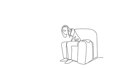 Poster - Self drawing animation of single continuous line drawing a woman sitting on a sofa with both hands holding her head. National Mental Health Provider Appreciation Day. Full length animated