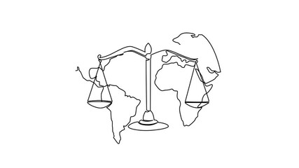 Poster - Self drawing animation of single continuous line drawing globe with a scale in the middle. Global business requires legal strength as a protector. World Fair Trade Day. Full length animated