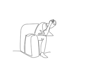 Poster - animation of single one line drawing man sitting on sofa with both hands holding his head. helps to 