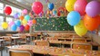 © Lightning - Vibrant balloons and confetti fill an empty classroom - festive celebration