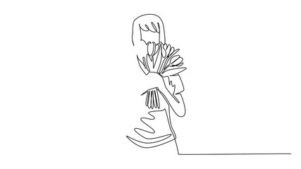 Poster - Self drawing animation of single continuous line drawing a woman wearing a tshirt holding a bouquet of colorful tulips. Getting a surprise from her partner. Flowers. Tulip Day. Full length animated