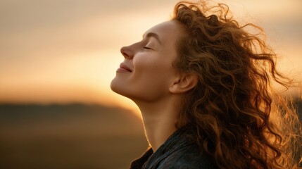 Poster - Curly-haired young woman stands outdoors at dusk, gazing up at the sky with a serene expression as the warm colors of the sunset illuminate her features