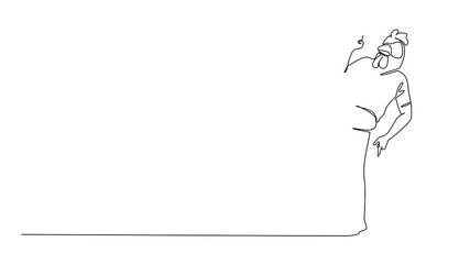 Poster - Self drawing animation of single continuous line drawing a man wearing a tshirt wearing a chicken head mask poses dancing. Freestyle dancing. Dance Like a Chicken Day. Full length animated