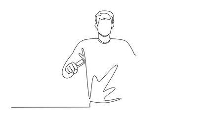Poster - Animated self drawing of single continuous line drawing a man in casual clothes holds and breaks revolver handgun with both hands. International Conscientious Objectors Day. Full length animation