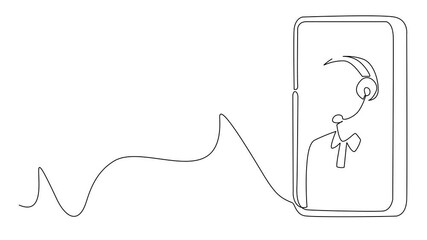 Aufkleber - Animation of single continuous line drawing smartphone with image of female customer support wearing headphones. Technology helps humans. International Customer Support Day. Full length motion