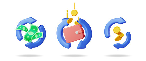 Poster - Collection of 3D vector illustrations depicting money exchange icon set. Financial transaction, cashback and money transfer concept.