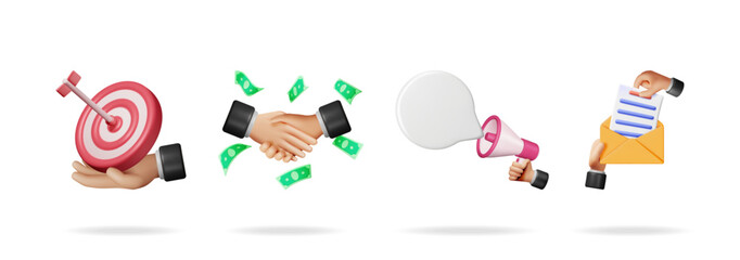 Poster - Financial 3d vector illustration set collection with target, handshake, announcement, and email for business strategy and marketing concept.