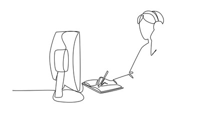 Poster - Animation of continuous one line drawing female customer support holding headphones and one hand is writing in a book. Professional. International Customer Support Day. Full length motion