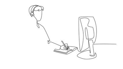 Aufkleber - Self drawing animation of single one line drawing young male customer support holding headphones and one hand is writing in a book. Service. International Customer Support Day. Full length animated