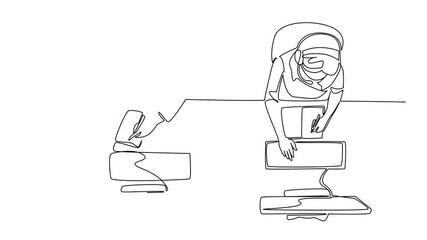 Poster - Animation of single continuous line drawing male and female customer support person wearing headphones while taking notes. Manual recording. International Customer Support Day. Full length motion