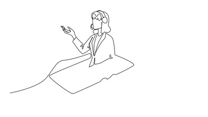 Poster - Animated self drawing of continuous one line drawing hand hold smartphone with female customer support coming out screen. Mobile application. International Customer Support Day. Full length animation