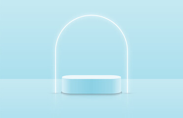 abstract realistic blue 3d round podium for product display stand in light room and glowing neon arc