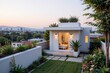 © Cherrisa - Accessory dwelling unit. Modern small home with a garden and urban skyline in the background.