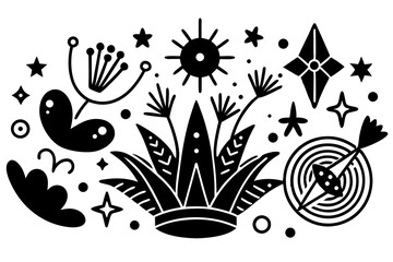 Poster - Abstract black and white decorative illustration of various floral elements with stars and dots isolated.