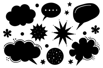 Poster - Black and white vector illustration of various speech bubbles stars and decorative elements isolated on white background