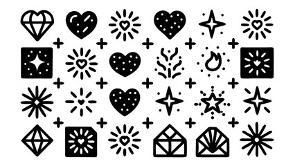 Poster - Collection of hand drawn black and white decorative elements hearts stars and embellishments on a white background
