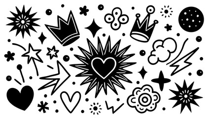 Poster - Collection of hand drawn vector illustrations featuring hearts stars crowns and decorative doodle elements in black and white