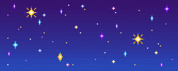 Wall Mural - Pixel stars set on night sky background - colorful shining 8 bit shapes. Retro pixelated cosmic elements, gaming sprites for space adventures and arcade games. Minimalist nostalgic celestial assets.